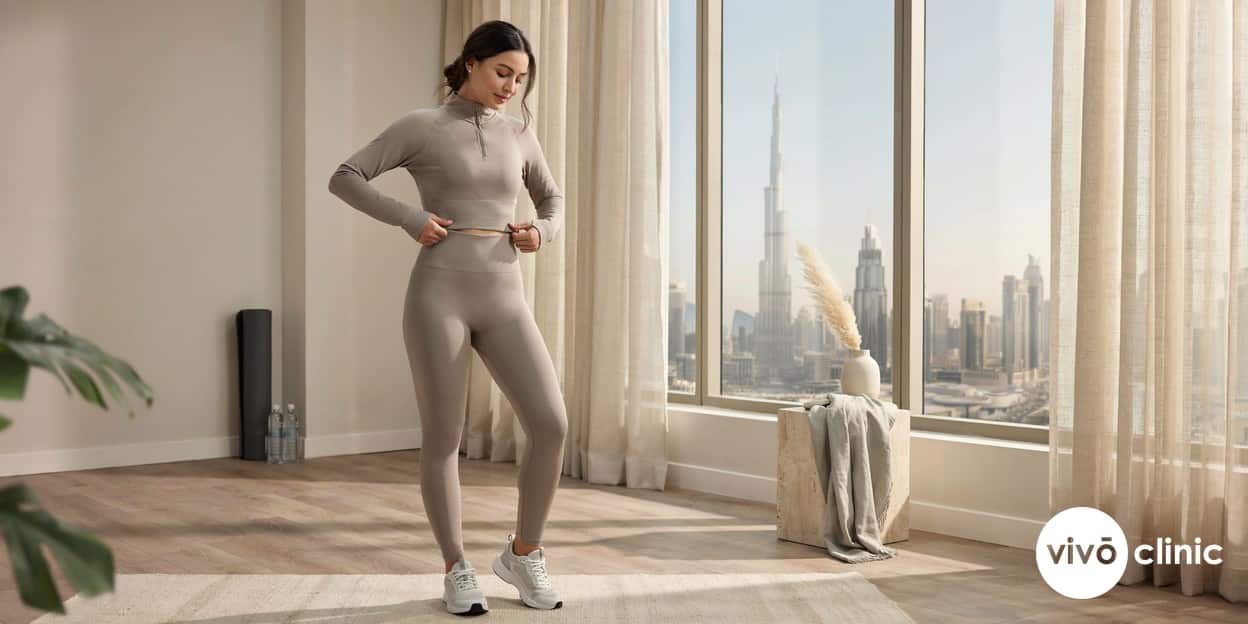 Middle Eastern woman in activewear looking confidently at her smoother, more contoured midsection in a bright Dubai studio, reflecting realistic fat freezing results for someone near a healthy weight