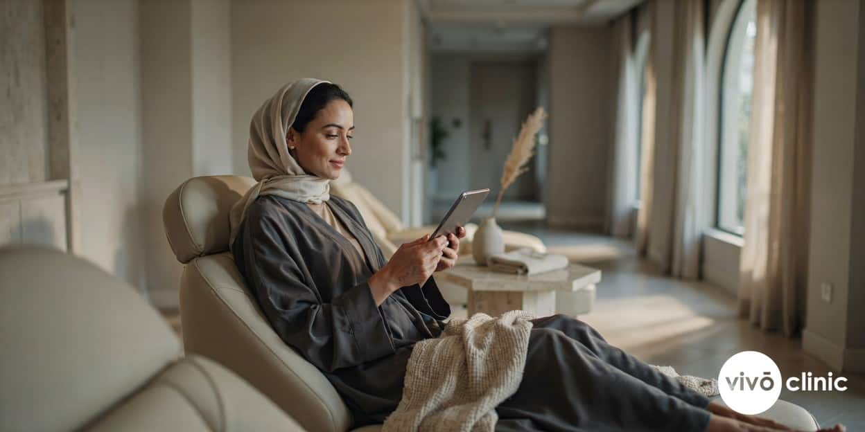 Middle Eastern woman relaxing comfortably in a chair reading during a fat freezing session at a premium VIVO Clinic Dubai treatment room, no device or handpiece in frame