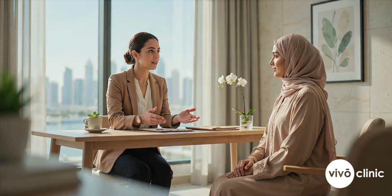 Middle Eastern woman speaking with a female practitioner across a consultation desk in a bright, modern VIVO Clinic Dubai room, discussing fat freezing aftercare, no device or handpiece in frame