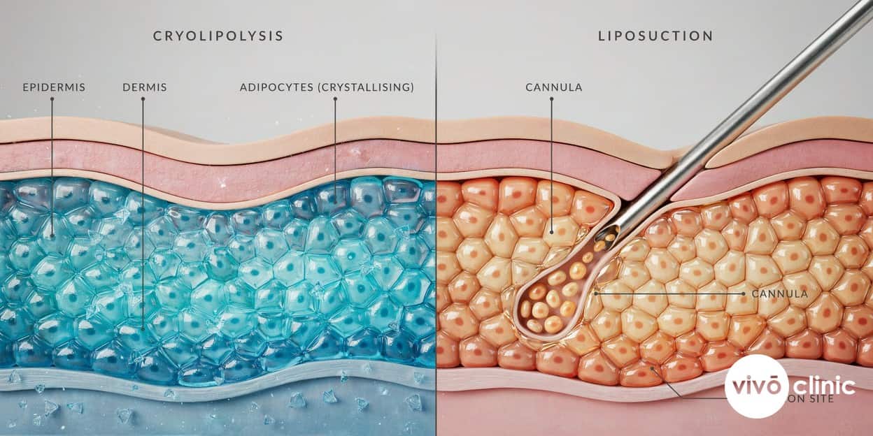 Photorealistic technical cross-section render comparing cryolipolysis cooling fat cells beneath intact skin against a liposuction cannula suctioning fat through a small incision, illustrating non-invasive versus surgical fat removal