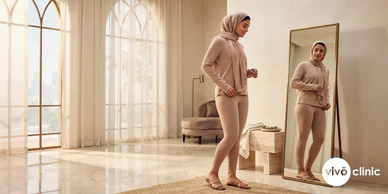 Middle Eastern woman in modest activewear looking confidently at her refined waistline in a mirror after fat freezing treatment at VIVO Clinic Dubai