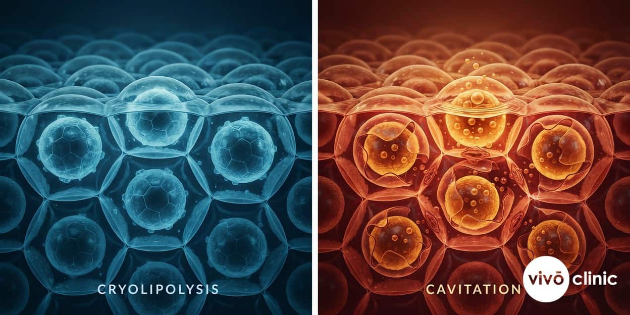 Photorealistic technical cross-section render of subcutaneous fat showing two panels: one with fat cells crystallising and shrinking under controlled cooling, the other with fat cells rupturing from ultrasound microbubbles, with embedded labels reading cryolipolysis and cavitation
