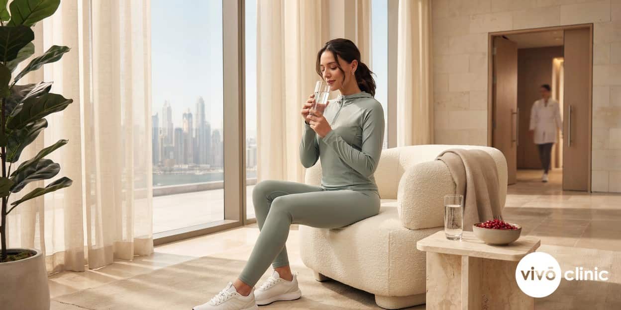 Middle Eastern woman in modest activewear drinking water and smiling in a bright premium clinic lounge in Dubai, reflecting the hydration and lifestyle habits that support fat freezing and cavitation results at VIVO Clinic Dubai, no device, machine or handpiece anywhere in frame