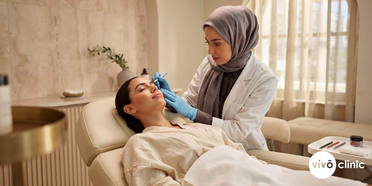 Practitioner in modest attire drawing white cosmetic marking lines above the lateral eyebrow of a calm Middle Eastern woman during a HIFU brow lift assessment at VIVO Clinic Dubai, no device in frame