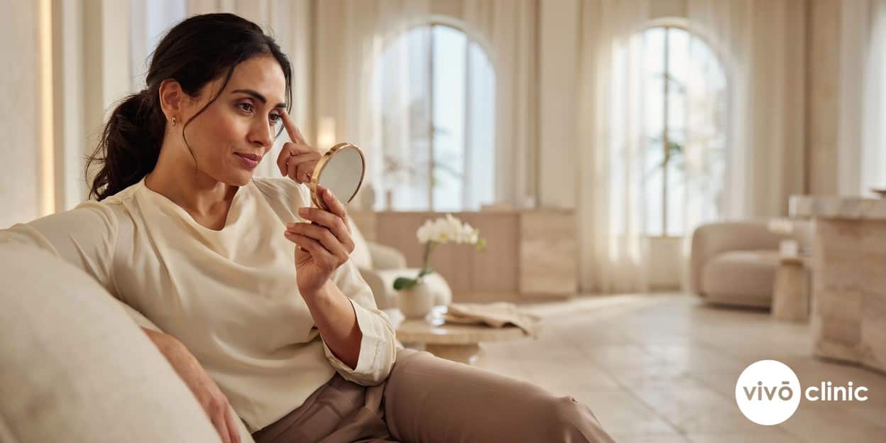 Middle Eastern woman with a softly lifted, more open brow studying her reflection after a non-surgical HIFU brow lift, in a bright premium Dubai clinic setting