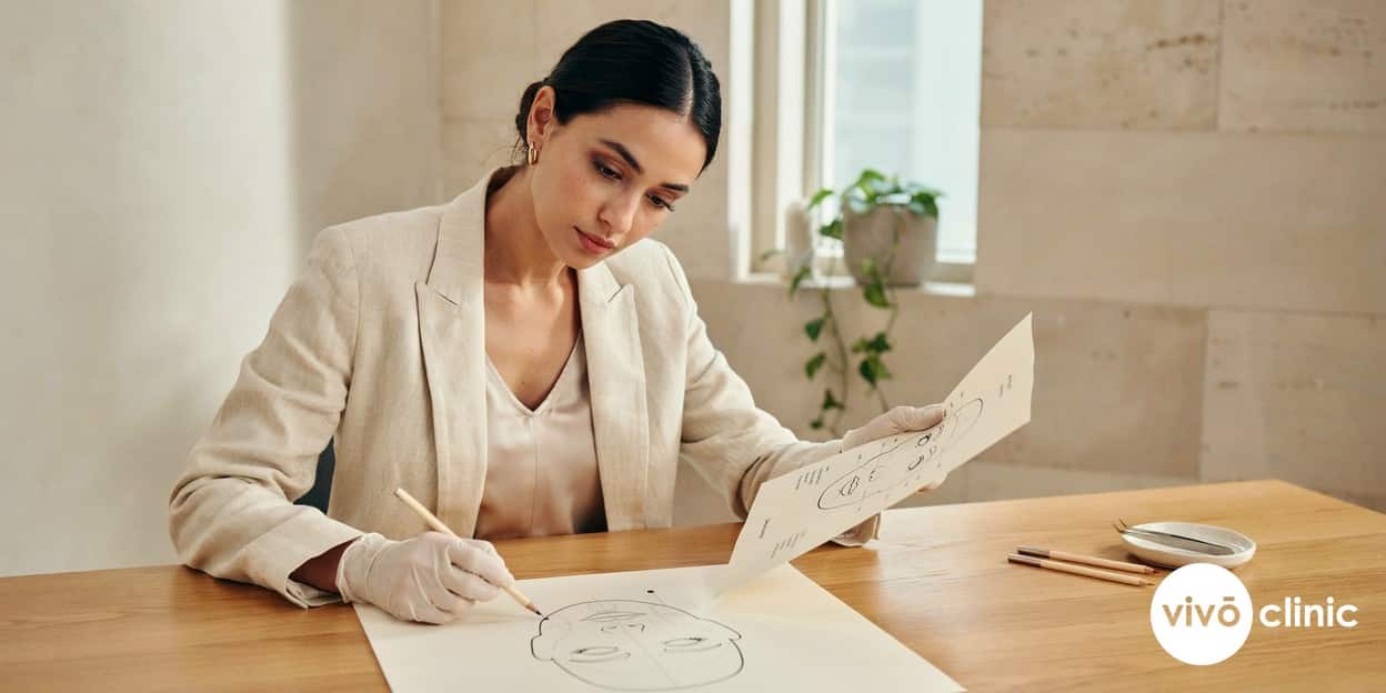 A Middle Eastern practitioner in modest attire reviewing a treatment-mapping diagram and marking precise depth points on a face chart at VIVO Clinic Dubai, illustrating how careful technique prevents complications