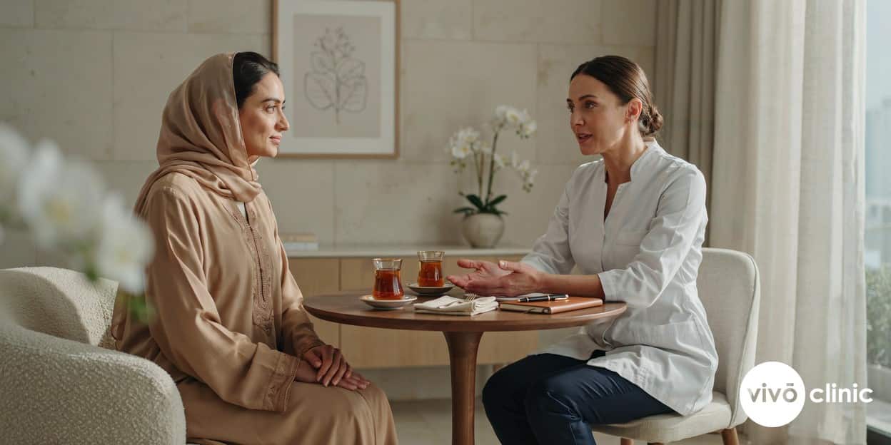 A Middle Eastern woman in modest dress in a calm, premium consultation room discussing HIFU facelift safety and side effects with a practitioner at VIVO Clinic Dubai