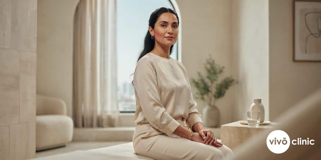Middle Eastern woman with mild, expected redness along her jawline after a HIFU facelift consultation at VIVO Clinic Dubai, illustrating common transient side effects