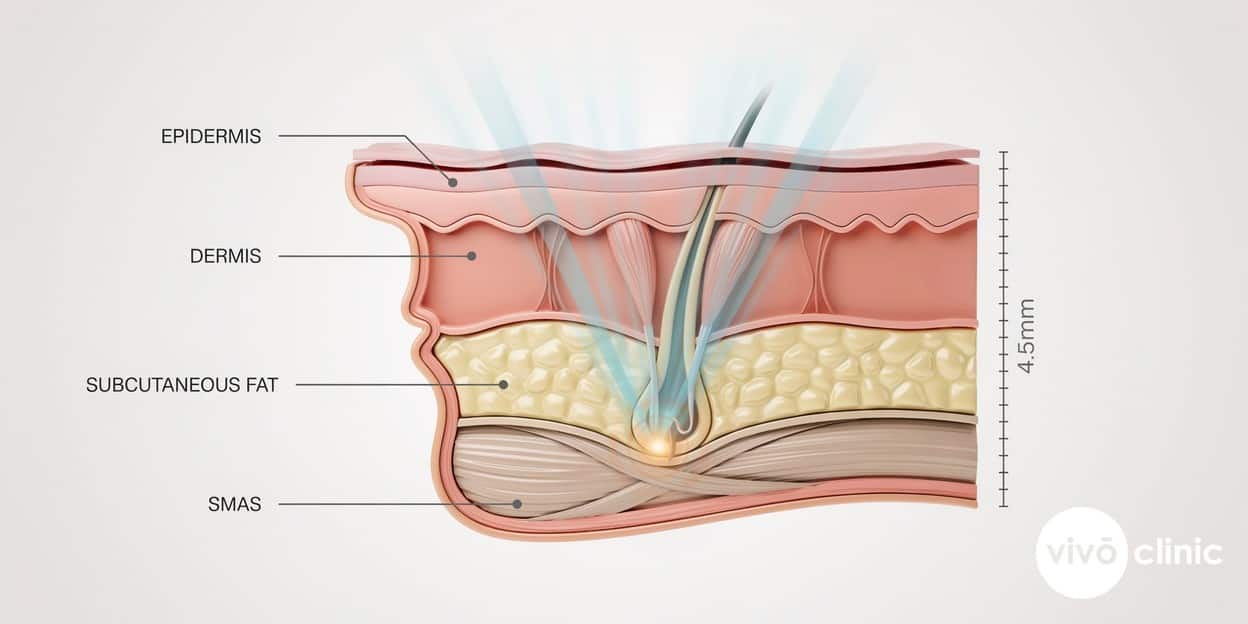 Photorealistic anatomical cross-section render of facial skin showing how HIFU focal points reach the deep SMAS support layer at 4.5mm to lift jowls along the jawline