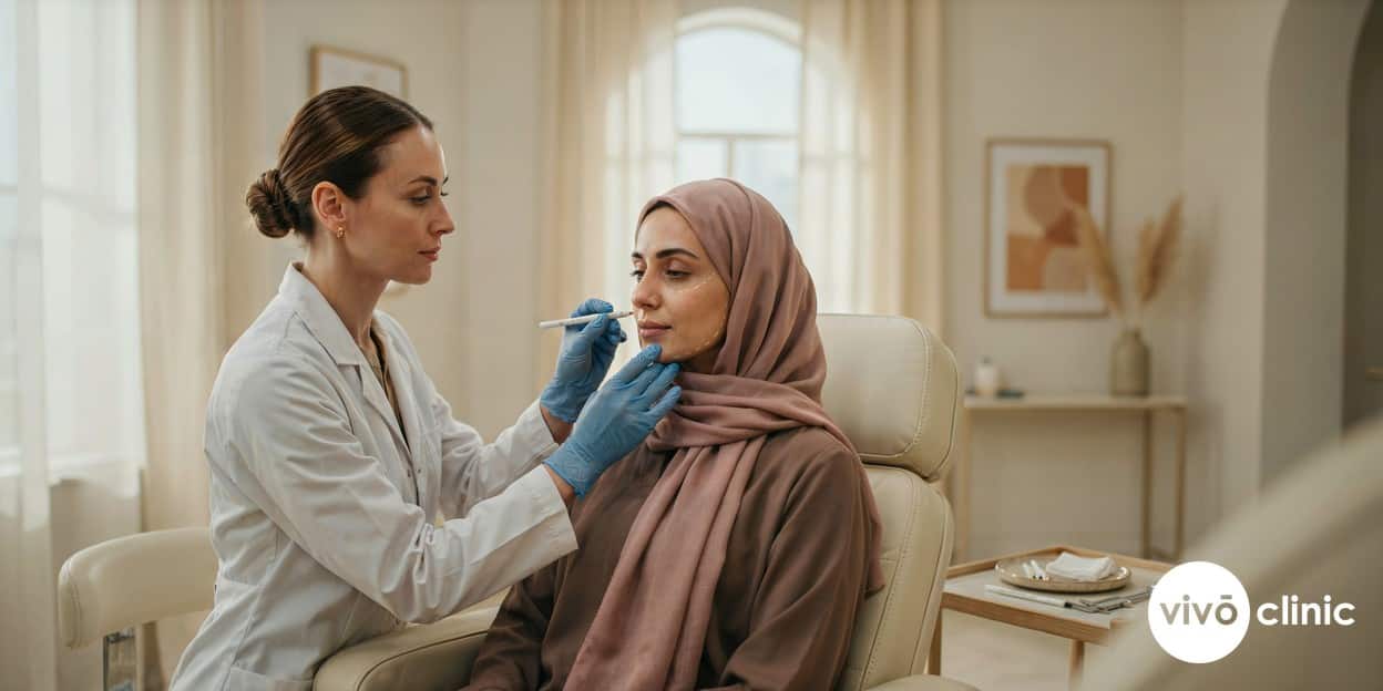 Practitioner in modest attire using white cosmetic marking lines to map the jawline and jowl area of a Middle Eastern woman before HIFU treatment at VIVO Clinic Dubai
