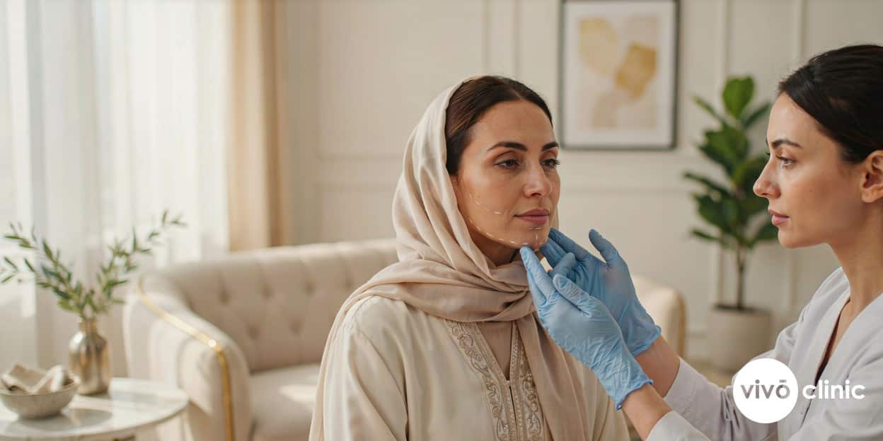 Middle Eastern woman with white cosmetic marking lines drawn along her jawline during a HIFU jowl-lifting consultation at VIVO Clinic Dubai