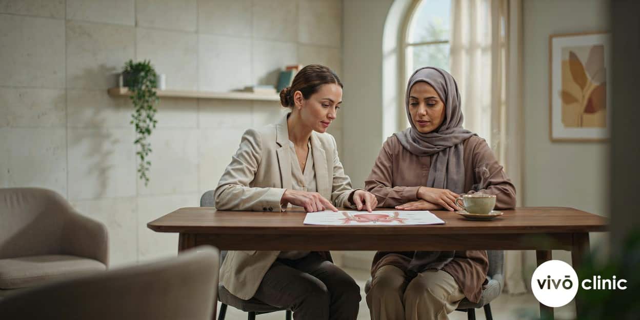 Female practitioner in modest professional attire reviewing a pelvic floor anatomy diagram with a Middle Eastern woman during a stress urinary incontinence consultation, no device, machine or handpiece anywhere in frame