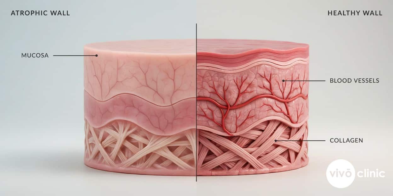 Photorealistic technical cross-section render of the vaginal wall comparing a thin, poorly vascularised atrophic mucosa with a thicker, well-vascularised wall after collagen and blood-vessel renewal, with embedded labels for mucosa, blood vessels and collagen