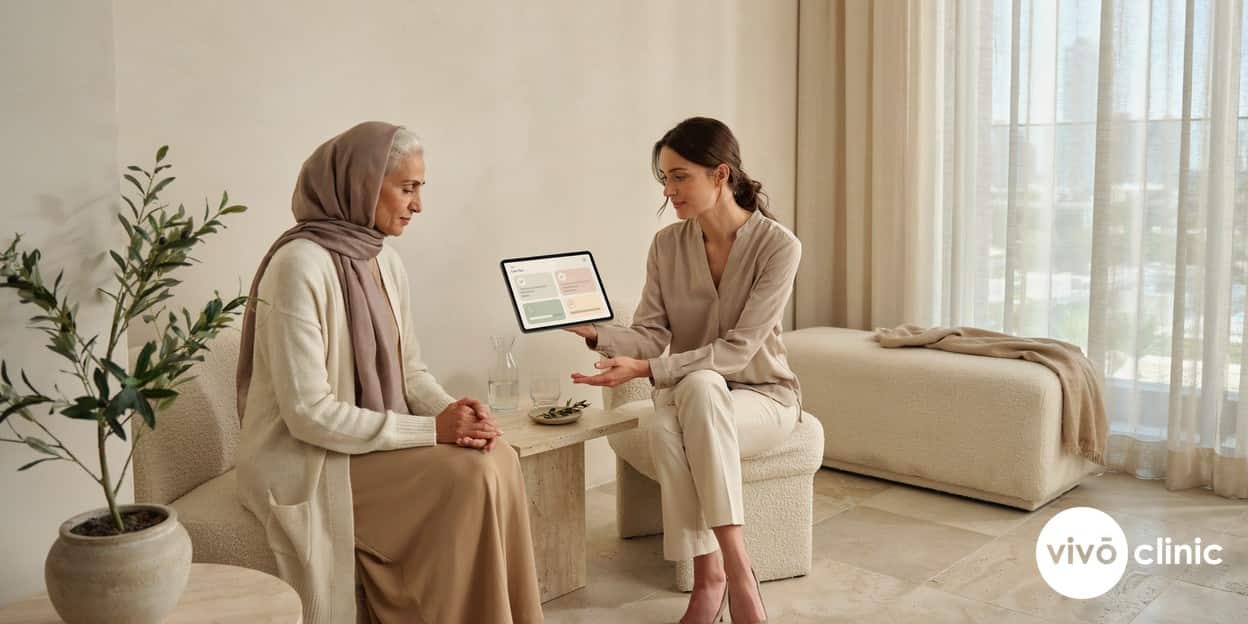 Female practitioner in modest attire reviewing a menopause-care treatment plan on a tablet with a Middle Eastern patient in a calm, private consultation room at VIVO Clinic Dubai