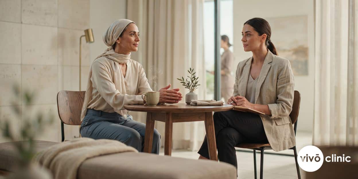 Middle Eastern woman in her fifties in modest dress speaking calmly with a female practitioner during a menopause wellness consultation at VIVO Clinic Dubai