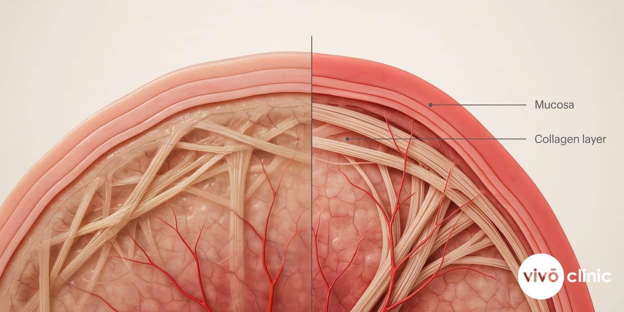 Photorealistic technical cross-section render of post-menopausal vaginal wall tissue showing a thinned mucosal lining and sparse collagen on one side versus a thicker, collagen-rich rejuvenated wall on the other, with embedded labels marking the mucosa and collagen layers