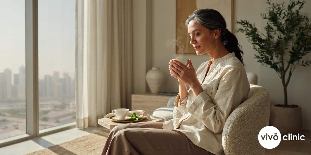 Middle Eastern woman in her late fifties relaxed and smiling at home with a cup of tea, conveying renewed comfort and confidence after menopause, warm Dubai apartment setting