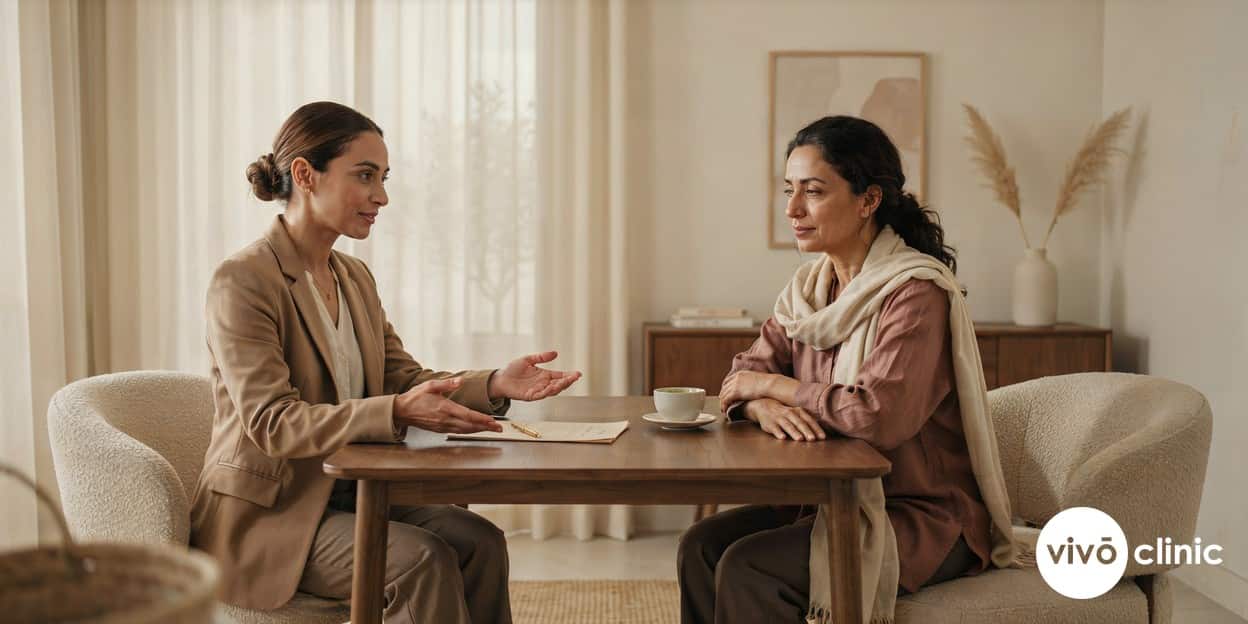 Female practitioner in modest attire discussing non-surgical intimate wellness options with a Middle Eastern woman in a calm, private consultation room at VIVO Clinic Dubai