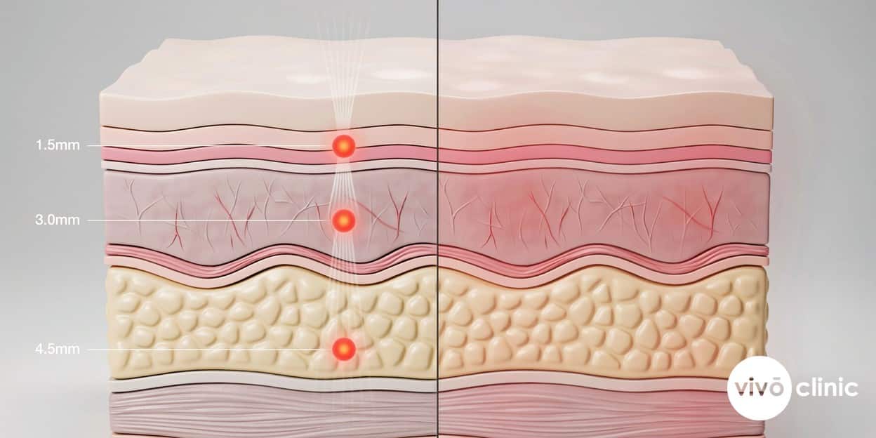 Photorealistic technical cross-section render of skin comparing HIFU focal heating points at 1.5mm, 3.0mm and 4.5mm depths against the broad diffuse dermal heating of RF, showing how each method stimulates collagen differently