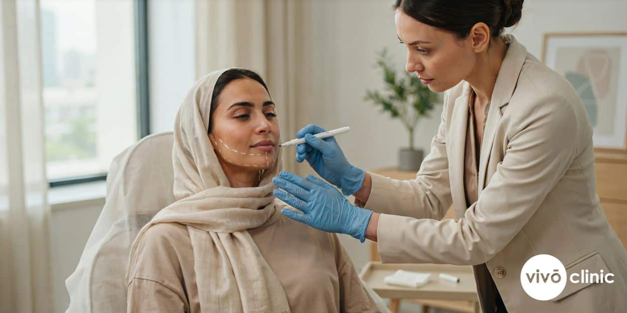 Practitioner in modest attire drawing white cosmetic marking lines along a Middle Eastern woman’s jawline and neck during a skin tightening assessment at VIVO Clinic Dubai, no device or handpiece in frame