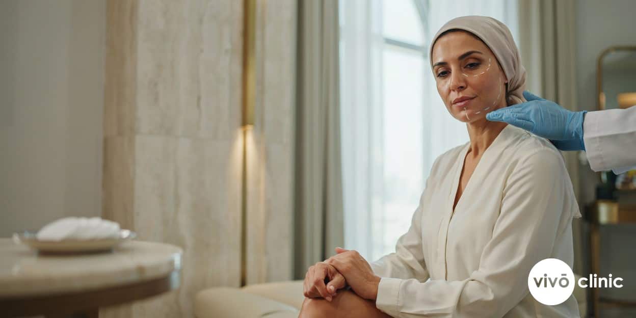 Middle Eastern woman with white cosmetic marking lines along her jawline during a HIFU and RF skin tightening consultation at VIVO Clinic Dubai