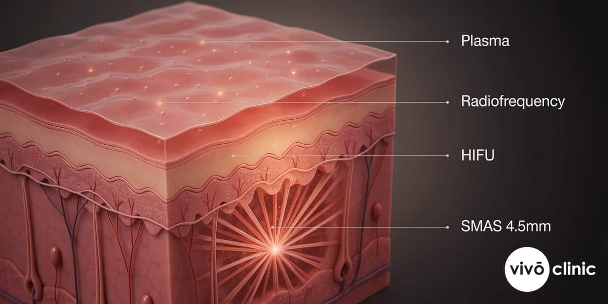 Photorealistic technical cross-section render of facial skin showing three labelled treatment depths: plasma at the surface epidermis, radiofrequency through the dermis, and HIFU focused at the deep SMAS layer at 4.5 mm