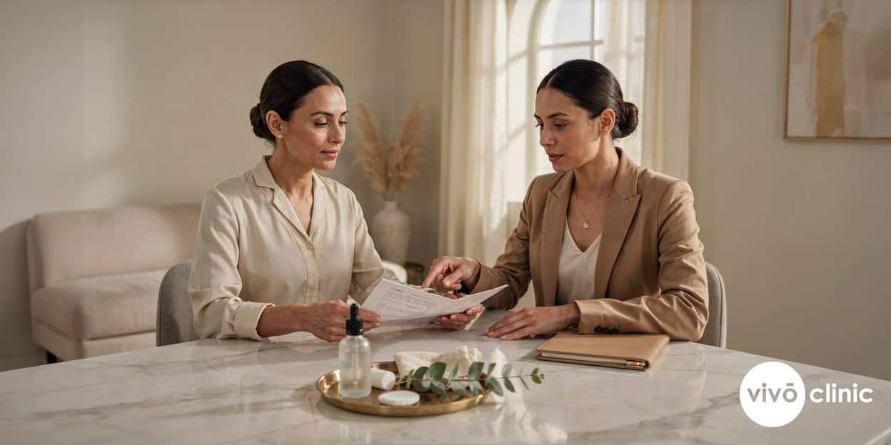 Middle Eastern woman with smooth, firm skin reviewing her treatment plan with a consultant in a premium clinic setting at VIVO Clinic Dubai