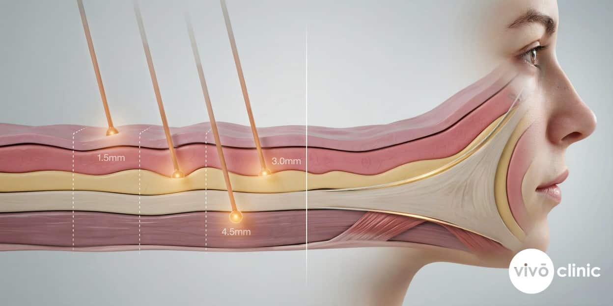 Photorealistic cross-section render of facial skin comparing HIFU focal heating points at 1.5mm, 3.0mm and 4.5mm depths against a surgical SMAS incision, illustrating how each method reaches the deep support layer