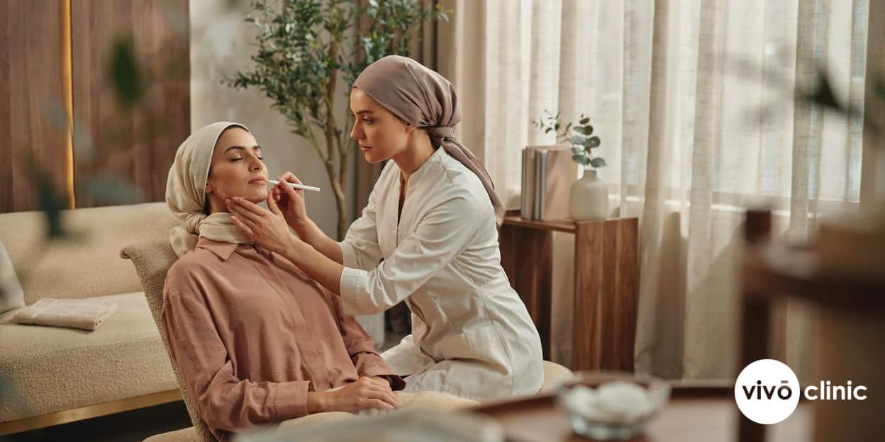 Practitioner in modest attire mapping HIFU facelift treatment lines along a Middle Eastern woman’s jawline at VIVO Clinic Dubai