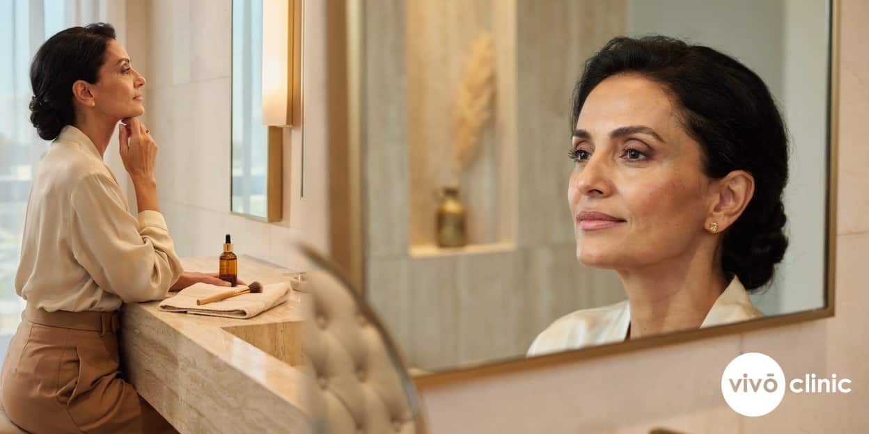 Middle Eastern woman admiring her firmer, more defined jawline in a mirror after a HIFU facelift at VIVO Clinic Dubai