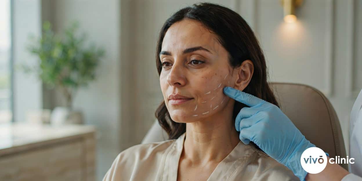 Middle Eastern woman with white treatment-mapping lines drawn along her jawline during a HIFU facelift consultation at VIVO Clinic Dubai, a non-surgical alternative to a surgical facelift
