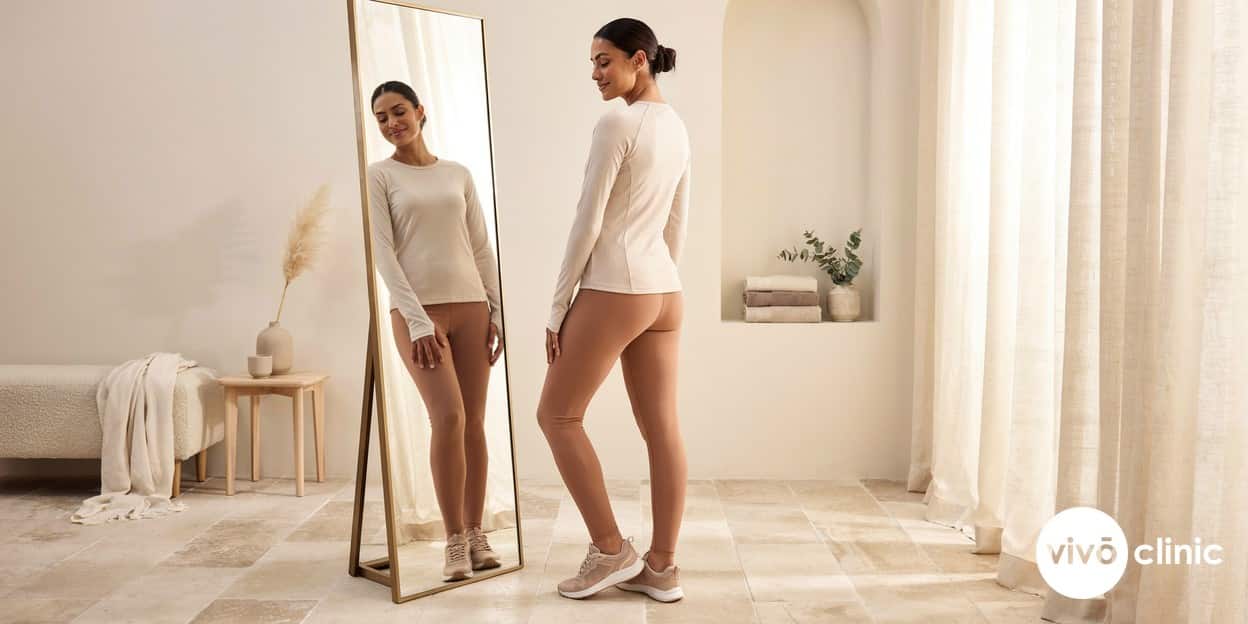Middle Eastern woman in modest activewear smiling as she checks the smoother, firmer appearance of her thigh in a bright premium Dubai clinic mirror after a cellulite reduction treatment