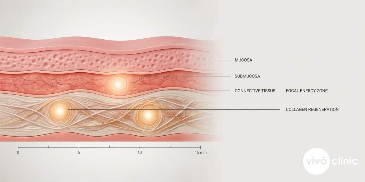 Photorealistic technical cross-section render of vaginal wall tissue showing focused-ultrasound energy points stimulating new collagen fibres in the deeper layers, with embedded depth labels illustrating how HIFU builds tissue support