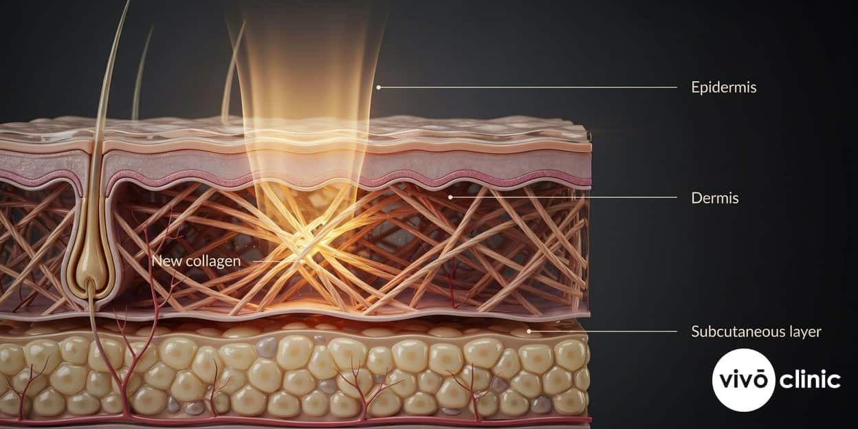 Photorealistic cross-section render of facial skin showing radiofrequency energy heating the dermis to stimulate new collagen fibres beneath the surface, with depth labels for the epidermis, dermis and subcutaneous layer