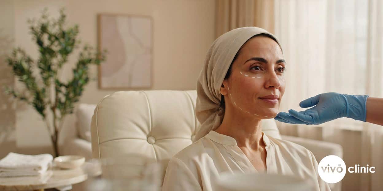 Middle Eastern woman with white treatment-mapping lines along her cheek and jawline during an RF facelift longevity consultation at VIVO Clinic Dubai