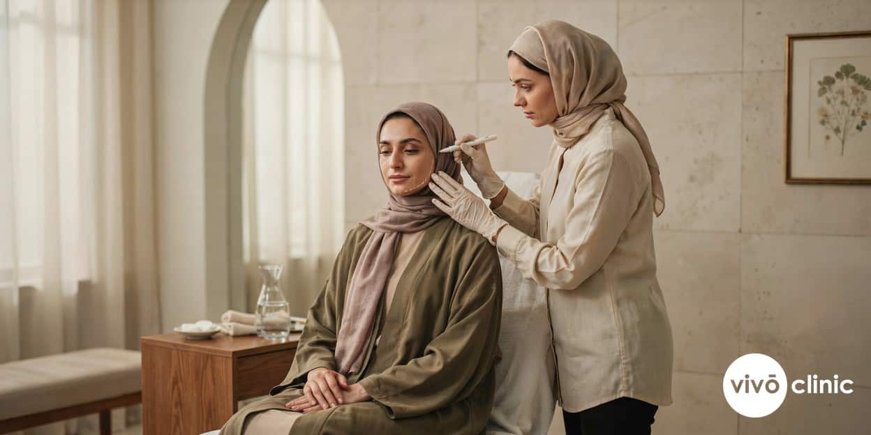 Practitioner in modest attire marking white HIFU treatment lines along the jawline of a seated Middle Eastern woman during a skin-laxity assessment, no device, machine or handpiece anywhere in frame