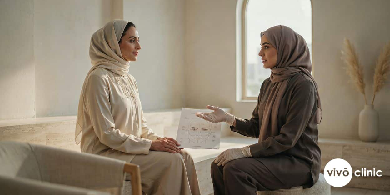 Middle Eastern woman reviewing her HIFU facelift treatment plan with a practitioner, white mapping lines along her jawline, at VIVO Clinic Dubai