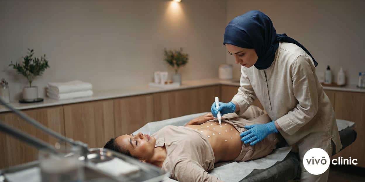 Practitioner in modest attire using a gloved hand to mark white treatment dots across a Middle Eastern patient’s abdomen before Aqualyx fat-dissolving injections at VIVO Clinic Dubai