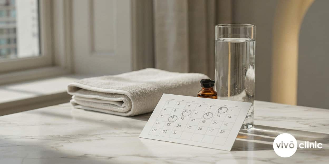 Calendar and water glass arranged as a still life beside a small bottle, illustrating the four-to-six-week spacing planned between Aqualyx fat-dissolving sessions