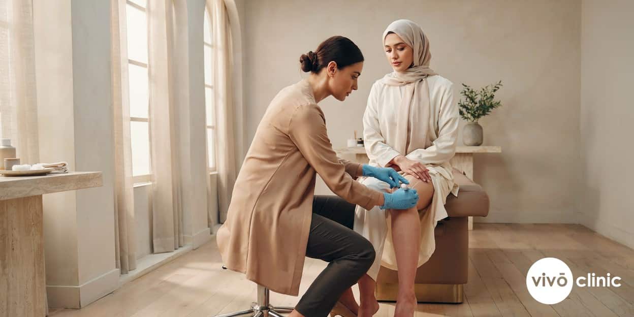 Practitioner in modest attire marking white assessment lines on a Middle Eastern woman's thigh during a cellulite reduction consultation at VIVO Clinic Dubai