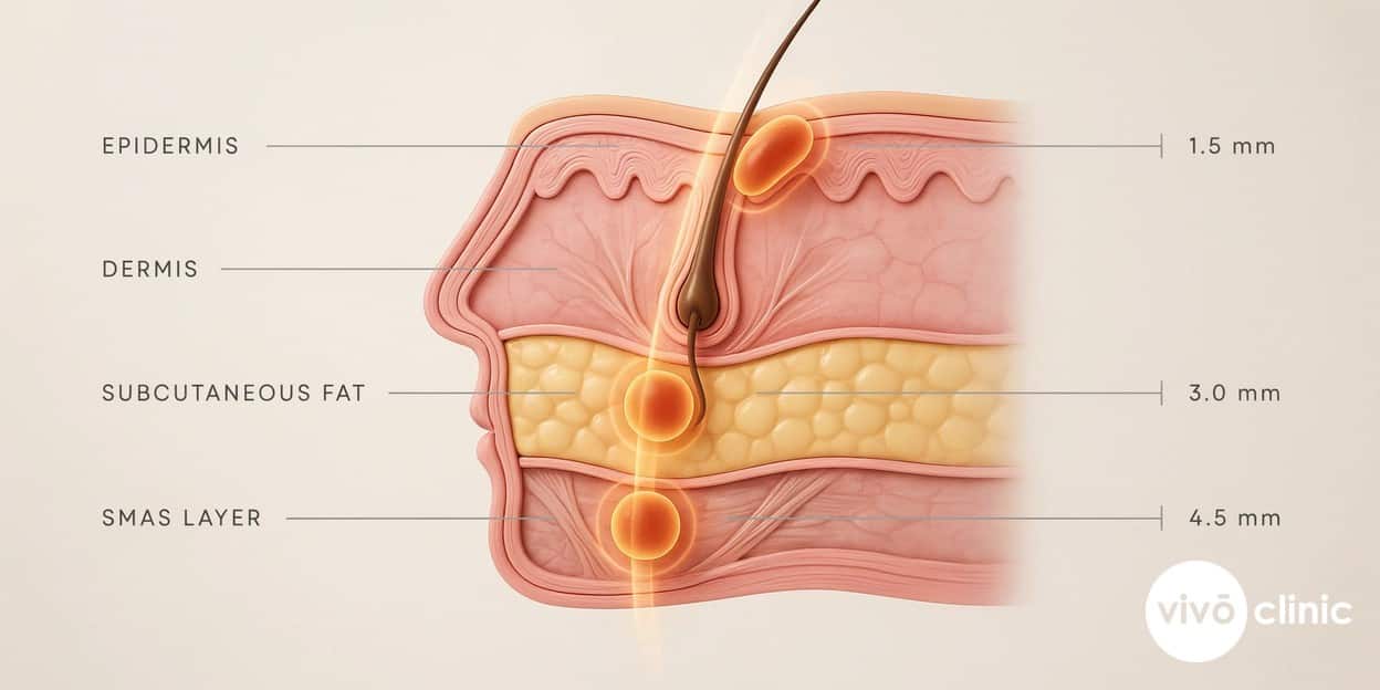 Photorealistic cross-section render of facial skin showing HIFU focal heating points layered at 1.5mm, 3.0mm and 4.5mm depths within a single treatment, illustrating why one session reaches multiple tissue layers