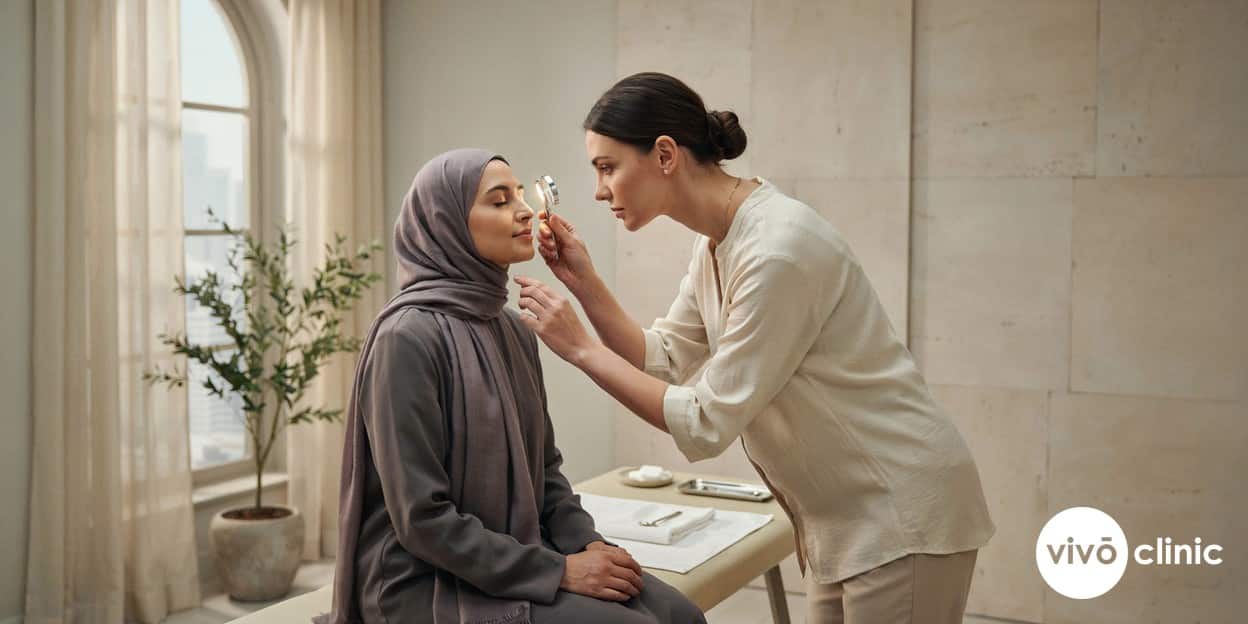 Practitioner in modest attire holding a handheld magnifier to assess the upper eyelid skin of a Middle Eastern woman before planning her plasma eye lift sessions