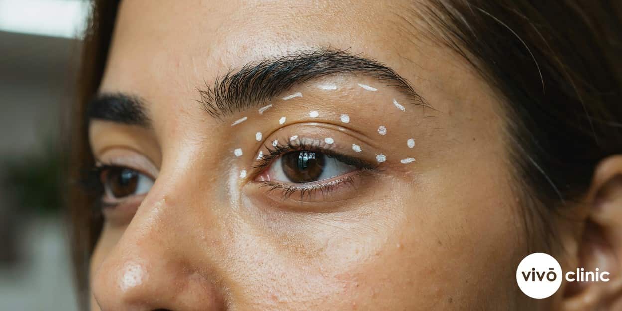 Close-up of a Middle Eastern woman’s eye area showing fine white cosmetic dot-mapping above the lid, illustrating the precise pattern planned across plasma eye lift sessions