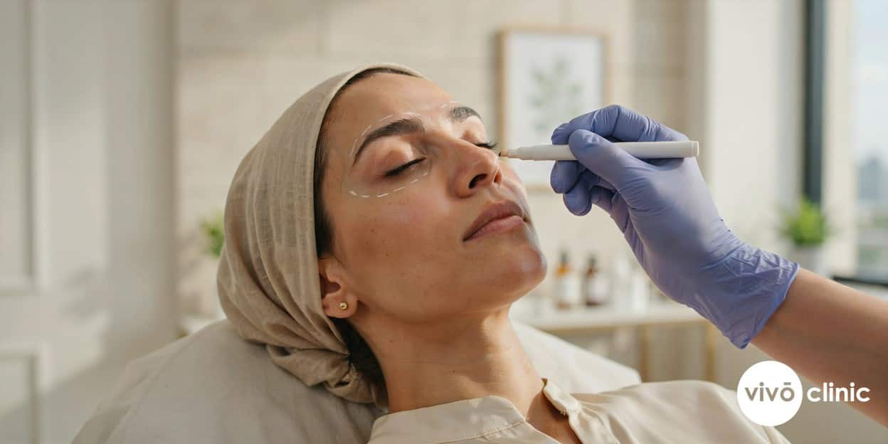 Middle Eastern woman with fine white cosmetic marking lines mapped above her hooded eyelid during a plasma eye lift consultation at VIVO Clinic Dubai