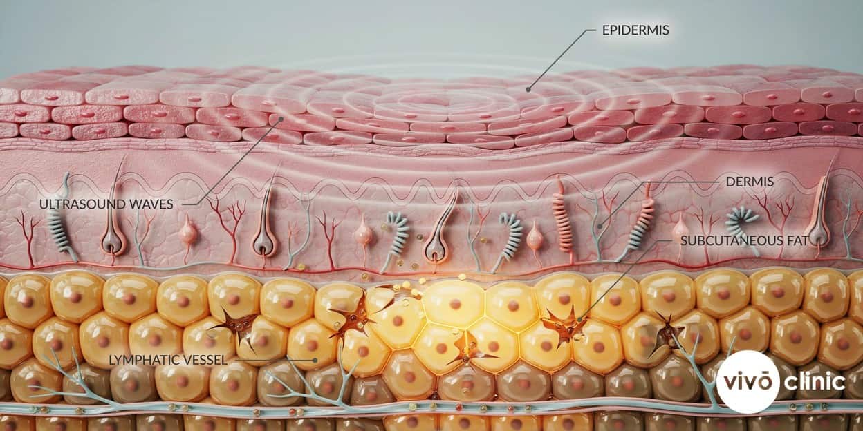 Photorealistic technical cross-section render of skin showing ultrasound cavitation waves disrupting fat cells in the subcutaneous layer, with released fat droplets being carried into the lymphatic vessels below