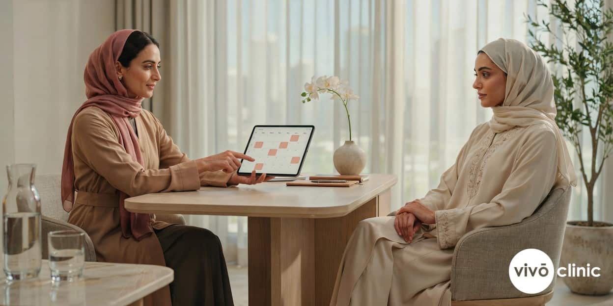 Middle Eastern practitioner in modest attire reviewing a four-week ultrasound cavitation treatment schedule on a tablet with a client at VIVO Clinic Dubai