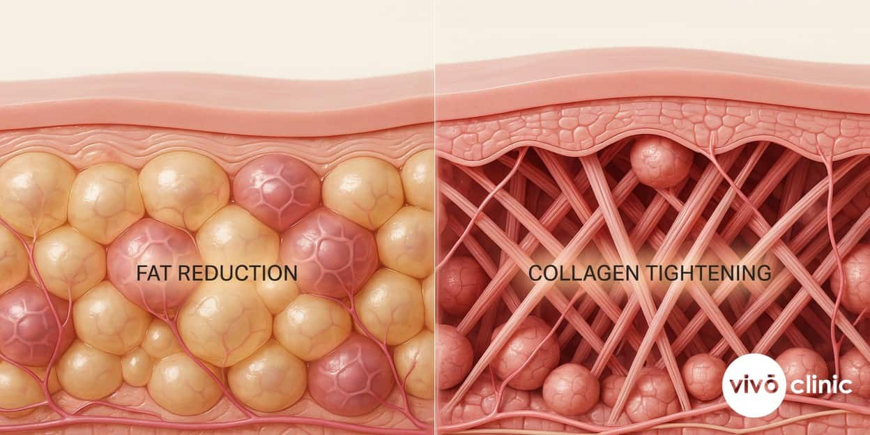 Photorealistic split cross-section render of human skin showing destroyed fat cells in subcutaneous tissue on one side and dense newly formed collagen fibres in the dermis on the other, illustrating the two types of aesthetic treatment results, with embedded labels reading fat reduction and collagen tightening