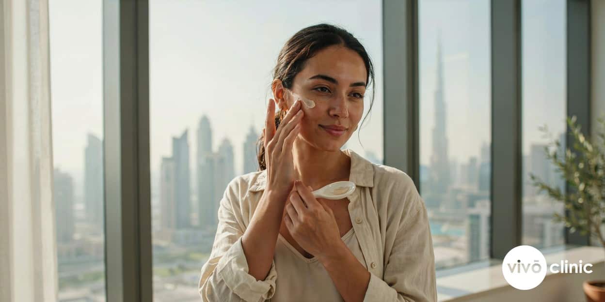 Middle Eastern woman in modest clothing applying broad-spectrum SPF 50 sunscreen to her face on a bright Dubai morning, demonstrating daily sun protection to maintain aesthetic treatment results, no device or machine in frame