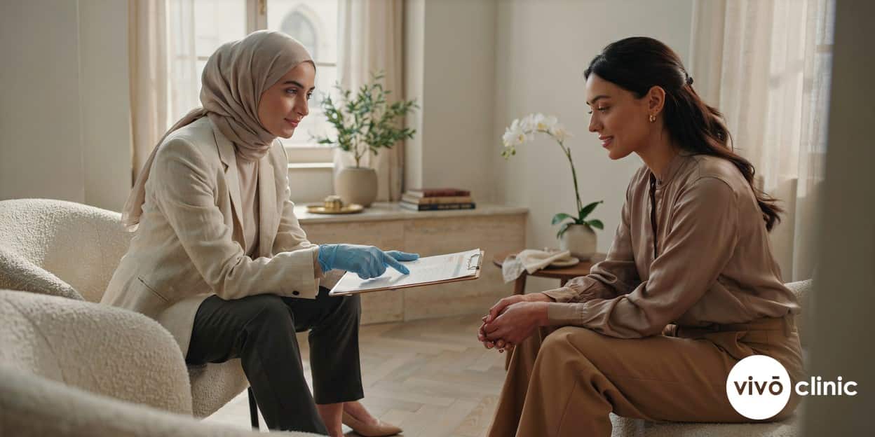 Middle Eastern practitioner in modest attire reviewing a personalised maintenance and top-up schedule with a smiling female client at VIVO Clinic Dubai, planning long-term aesthetic treatment results, no device in frame