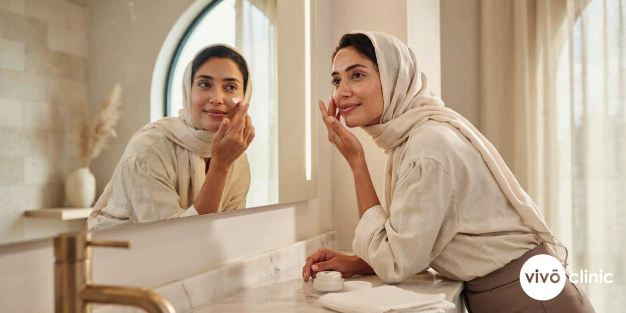 Middle Eastern woman in modest dress applying SPF 50 sunscreen in front of a mirror at VIVO Clinic Dubai while maintaining her aesthetic treatment results long-term